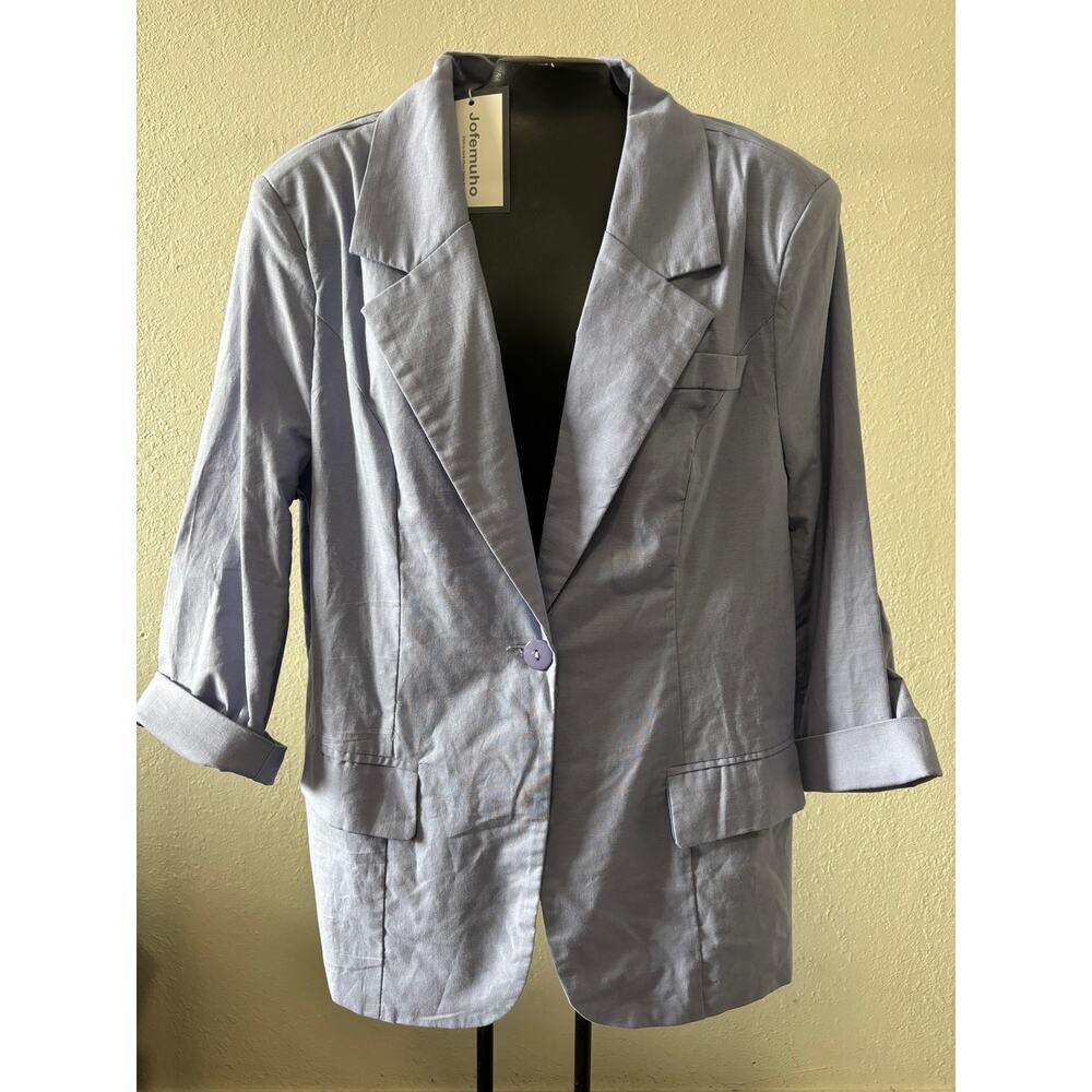 Jofemuho Womens Linen Blazer Casual 3/4 Sleeve Solid Color Business Suit Jacket